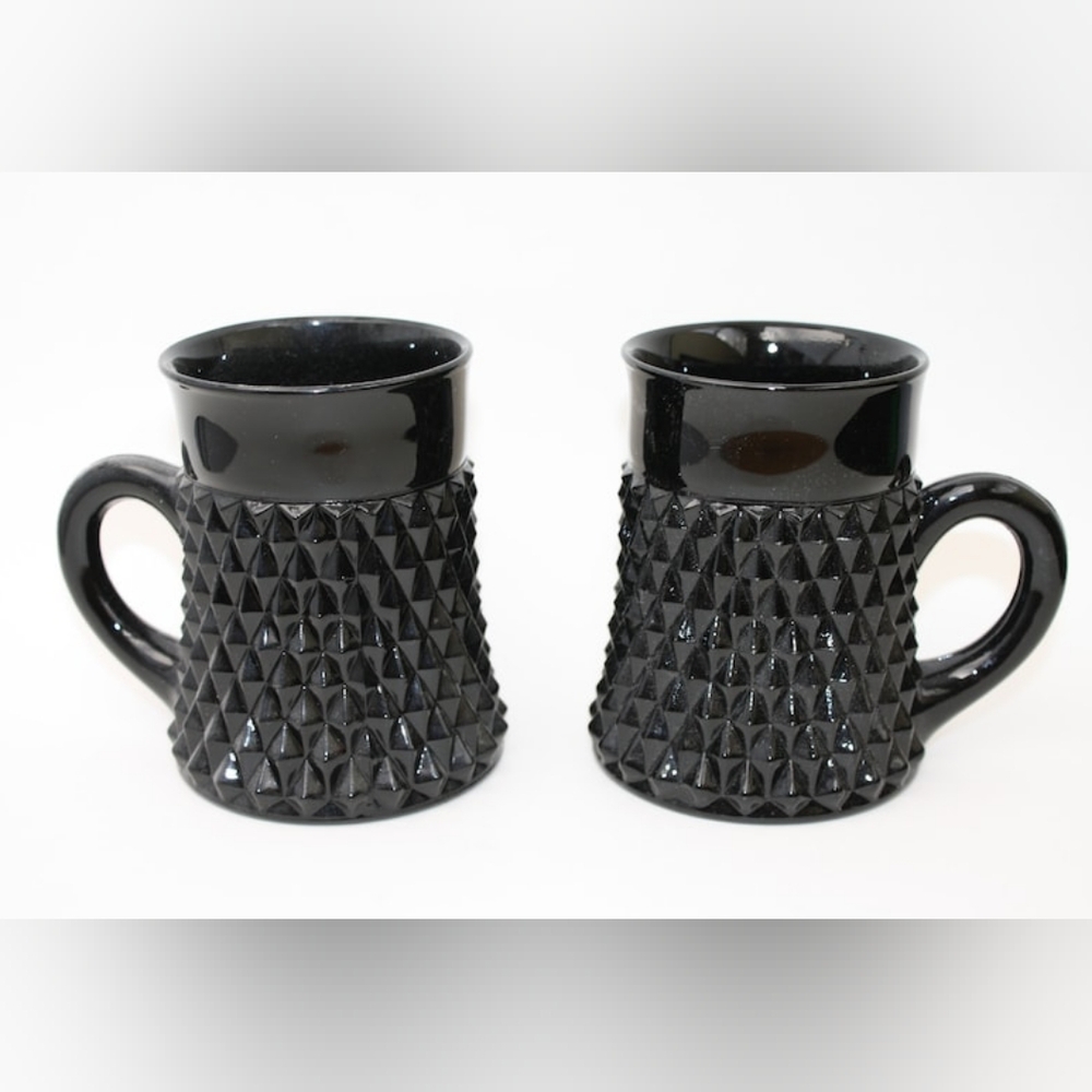 Vintage Indiana Black Glass Diamond Point Cameo Tiara Glass Mugs Halloween
